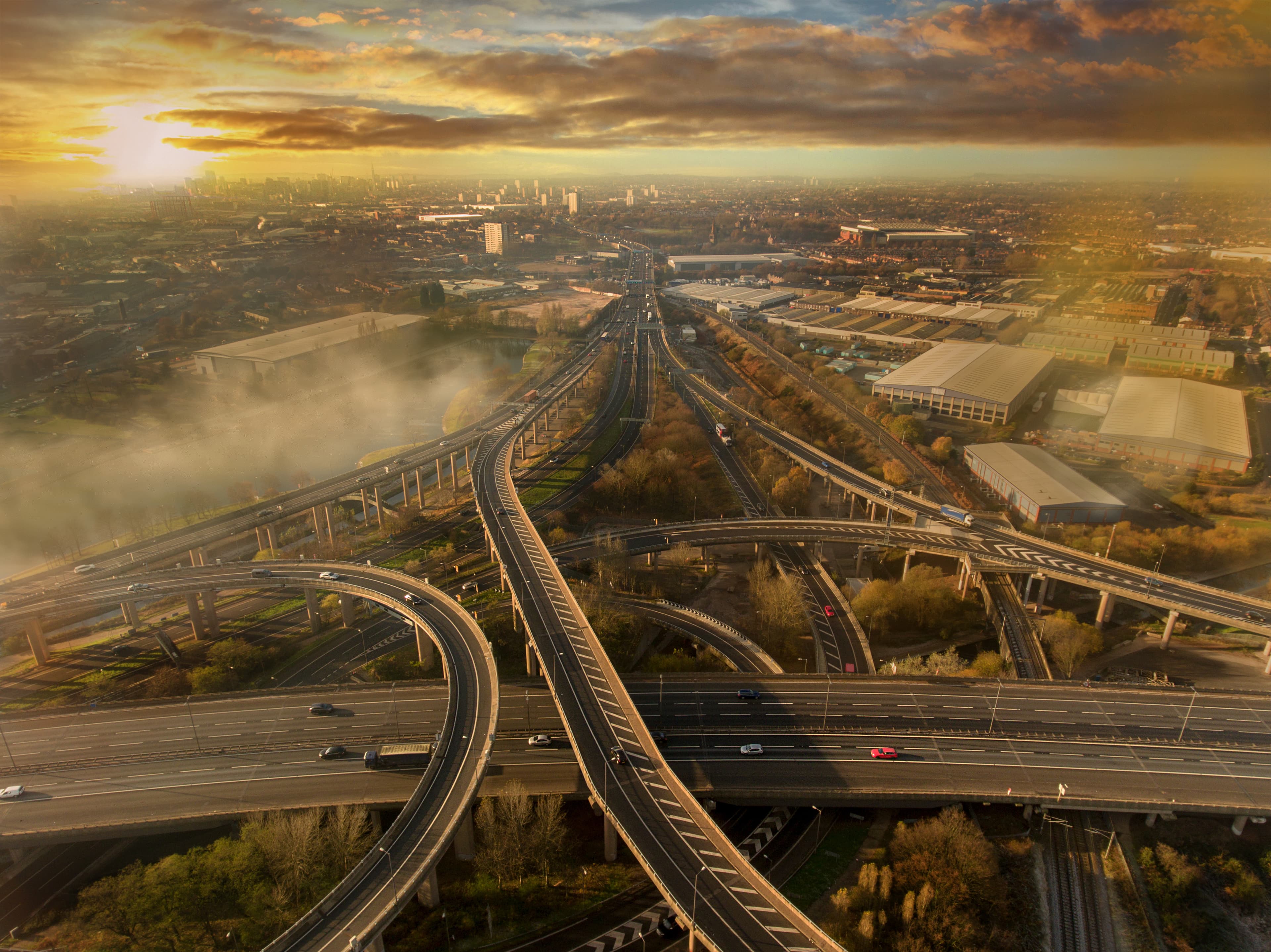 Birmingham infrastructure support network with roads, bridges, and urban transport elements in the city